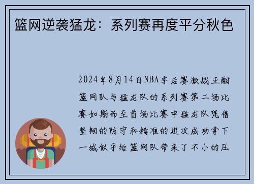 篮网逆袭猛龙：系列赛再度平分秋色